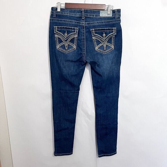 VGS Skinny Jeans Size 4 Medium Wash Light Distressed Fold Pockets Embroidered - Picture 2 of 9
